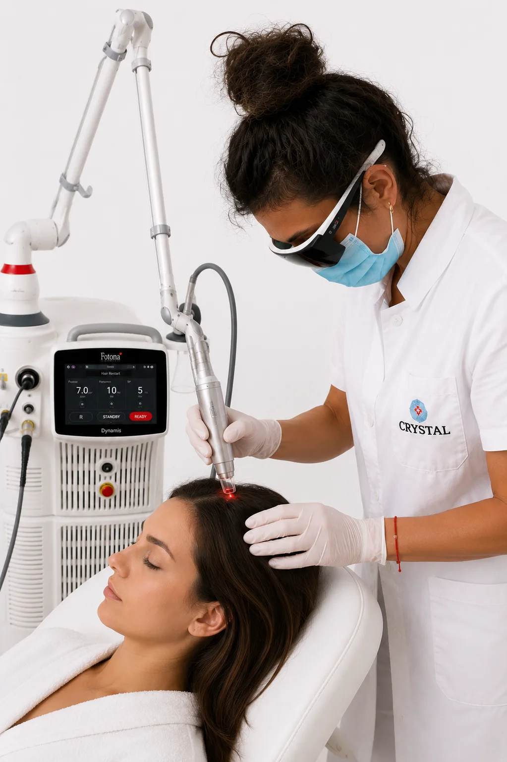 Kozmetičarka Crystal Estetskega centra izvaja lasersko stimulacijo rasti las