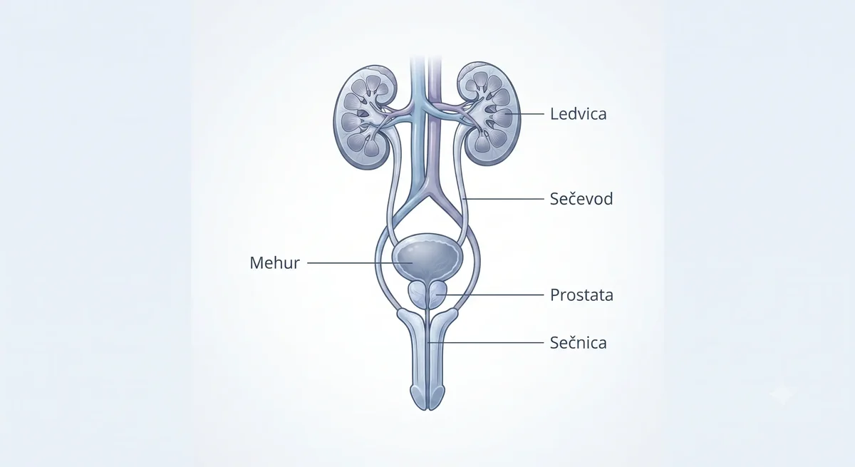 Shema sečil in moškega reproduktivnega sistema: ledvica, sečevod, mehur, prostata in sečnica