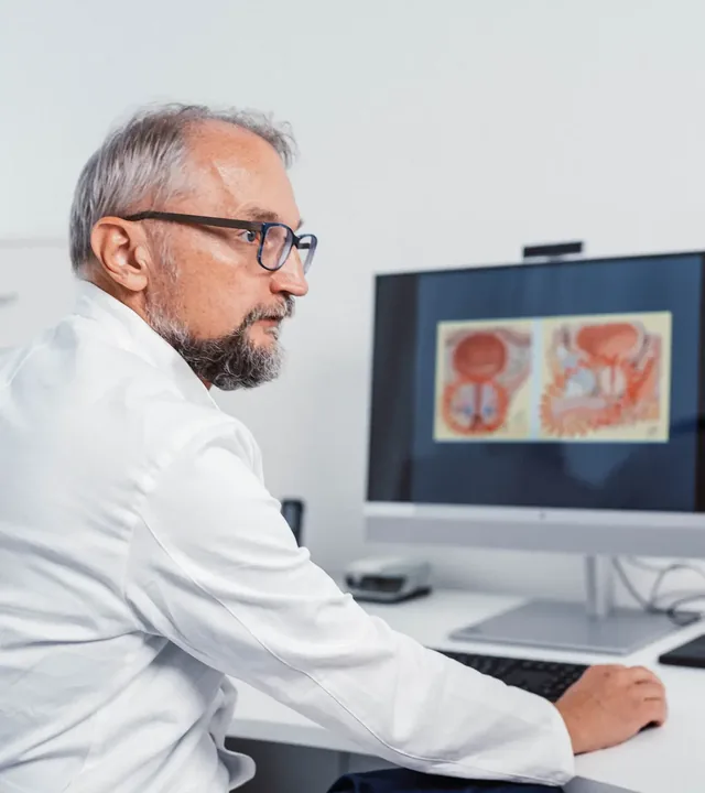 Urolog doc. dr. sc. Vladimir Mozetič pri računalniku s prikazom anatomije sečil